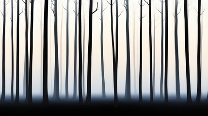 Wall Mural - A minimalistic forest silhouette with tall, slender trees against a soft, foggy background creates a serene and mysterious atmosphere.