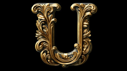 Wall Mural - alphabet letter u with metallic gold or brass texture isolated on black background, baroque style fo