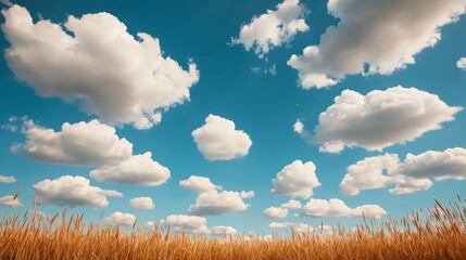 Wall Mural - A field of golden wheat with a blue sky and white clouds.