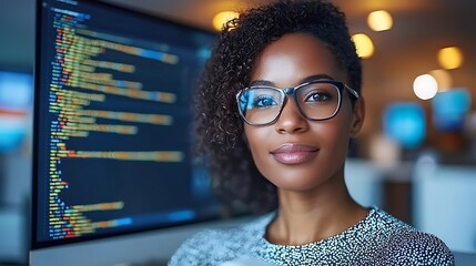 Confident and Ambitious African American Female Computer Programmer Coding and Analyzing Data on Laptop at her Workspace with Digital Display in the Background Demonstrating her Expertise Skill