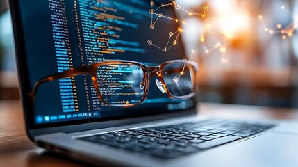 Wall Mural - close up view of laptop screen displaying programming code software development interface and digita