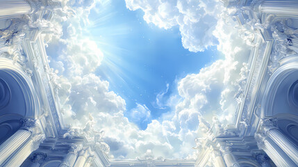 Wall Mural - Baroque style ceiling mural featuring blue sky and heavenly scene, artistic and aesthetic architectural design, high-resolution ai-generated wallpaper and background. Baroque. Illustration