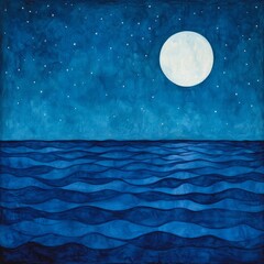 a starry night sky with a full moon shining over calm blue ocean waves.
