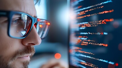 Close up of a focused programmer or developer intently working and coding on a computer screen filled with intricate lines of code and software development at a workspace or office environment