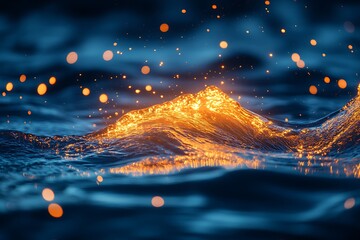 Wall Mural - abstract mountain peak with golden light emerging from blue water with bokeh lights