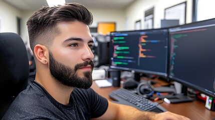 Wall Mural - Focused professional man working on multiple computer screens in a modern well equipped workspace  He is deep in data coding or completing other technical tasks at his desk