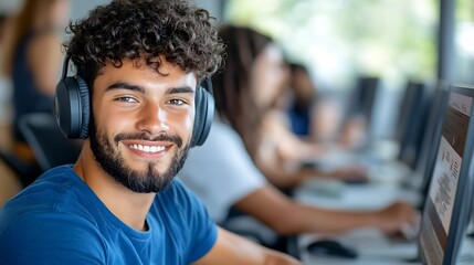 Wall Mural - smiling young man wearing wireless headphones using laptop computer while working in modern office w