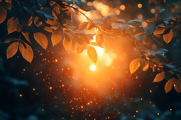 Wall Mural - Golden sunlight shining through leaves with bokeh effect