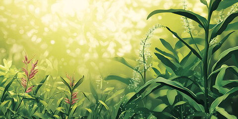 Sticker - Sun Drenched Jungle: A breathtaking image of a lush jungle bursting with vibrant life, bathed in warm sunlight, capturing the beauty of nature's vibrant embrace.  