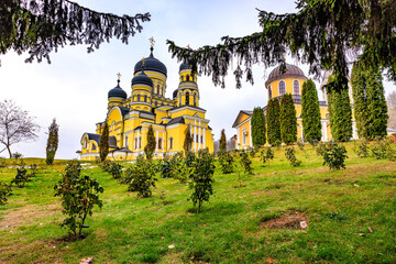 Old Hincu Monastery in Moldova. Selective focus background and copy space