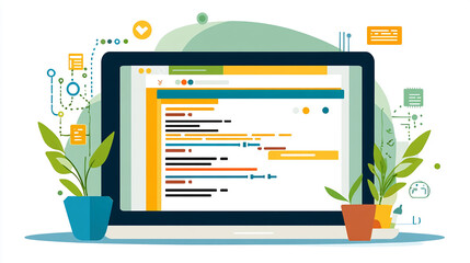 A laptop with a web browser open to a website with code visible on the screen. Two plants are in pots on either side of the laptop.