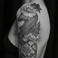 Wall Mural - back tattoo fine lines style, snake with primrose, violet flowers and water lily, black and grey.