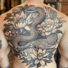 Wall Mural - back tattoo fine lines style, snake with primrose, violet flowers and water lily, black and grey.