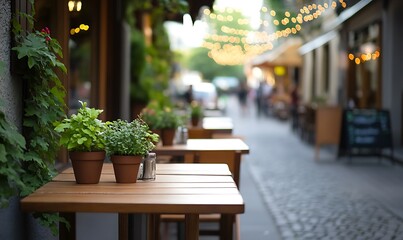 Sticker - Cozy outdoor cafe tables with plants on a cobblestone street, string lights overhead.