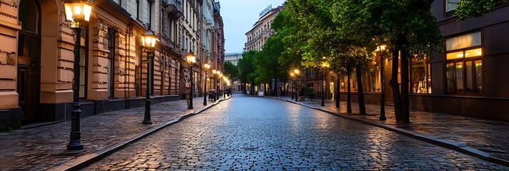 Sticker - Empty cobblestone street lined with old buildings and street lights in the evening.