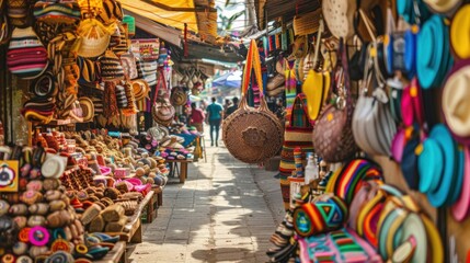 A marketplace buzzing with vendors from different cultural backgrounds trading traditional crafts, Illustrating economic diversity and cultural exchange, photography style