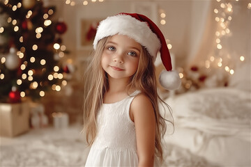 Wall Mural - Photo a child girl wearing a white dress and Santa hat, standing on Christmas decor background. Holiday decor theme