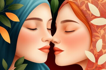 Wall Mural - Two women are kissing each other's lips in a painting