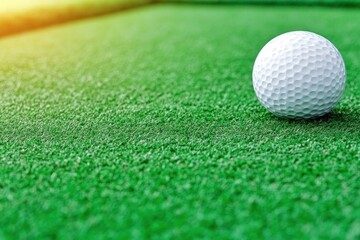 Golf ball on green grass with sun shining in the background.