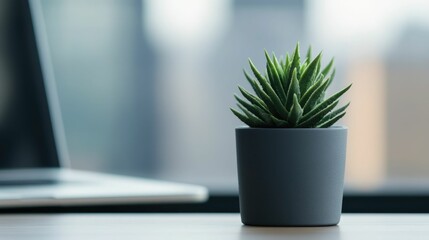 Wall Mural - Potted plant and soft filtered lighting create a nurturing harmonious workspace that promotes productivity and a relaxed office vibe