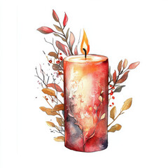 Wall Mural - beautiful watercolor candle surrounded by autumn leaves and berries, creating warm and inviting atmosphere. Perfect for seasonal decor or cozy settings