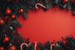 © Yilun - Christmas background with a red color scheme, candy cane decorations on the edges of the frame, creating an empty space in the center for text, ideal for holiday promotions, greeting cards, digital ad
