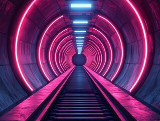 Wall Mural - futuristic tunnel with neon lights, showcasing a vibrant and immersive atmosphere.
