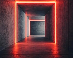 Wall Mural - a modern corridor illuminated with red neon lights, showcasing sleek concrete walls and a futuristic
