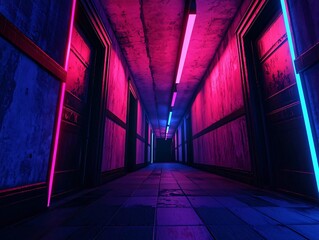 Wall Mural - a vibrant neon-lit corridor with colorful lights illuminating the walls, creating a surreal atmosphe