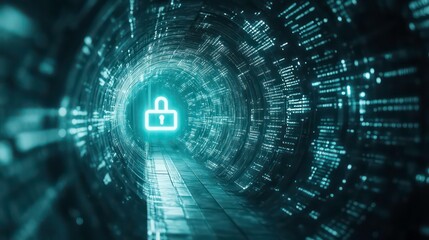 Digital security concept with glowing lock symbol and binary code in a cyber tunnel representing data protection and cybersecurity