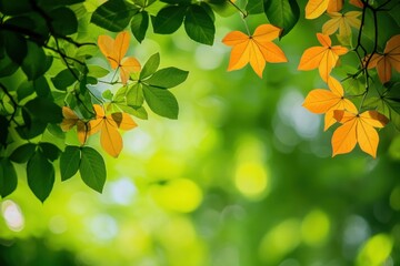 Wall Mural - Green and orange leaves frame a blurred background of green foliage.