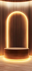 Wall Mural - 35. A polished wood podium with soft lighting, creating a spacious and clean area for showcasing a product.