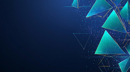 Abstract background with blue and turquoise triangular geometric shapes, connected by thin lines, against a dark blue background.