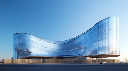 Modern building with curved glass facade reflecting sky. Contemporary architectural design against a clear blue backdrop