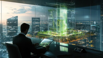 Wall Mural - A man is seated at a sleek desk, absorbed in his digital tablet, which showcases a hologram of a smart city development.