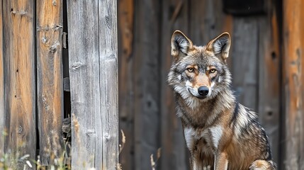Wall Mural - red wolf sitting in doorway, looking directly at camera with intense eyes. close up portrait of wild