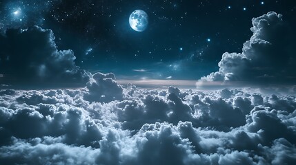 Wall Mural - dreamy night sky with clouds, moon, and stars, fantasy, magic, and serenity