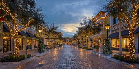 Wall Mural - Elegant Shopping District with Trees and Storefronts Adorned with Christmas Lights