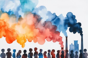 Economic Growth and Climate Change concept. A colorful watercolor illustration depicting a crowd silhouetted against vibrant smoke from industrial chimneys, symbolizing environmental issues.