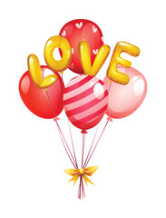 Wall Mural - Cluster of red, pink, and striped balloons with “LOVE” letters tied with a ribbon. Vector cartoon illustration