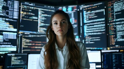 portrait of focused female programmer holding laptop computer in a high-tech monitoring room surroun