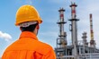 © Autaporn - A worker observes industrial facilities, showcasing safety gear and machinery against a clear sky, symbolizing hard work in industry.
