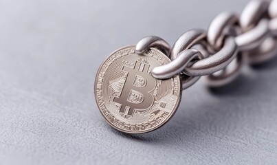 Wall Mural - Close-up of a Bitcoin coin attached to a metal chain, symbolizing cryptocurrency security and the future of finance.