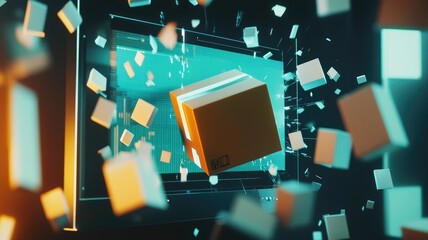 Wall Mural - digital abstract depicting cubes floating in futuristic, tech-themed environment