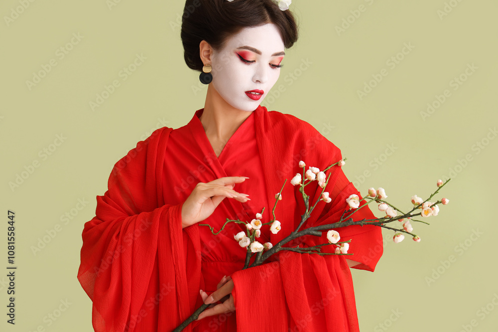 Beautiful young geisha with sakura on green background