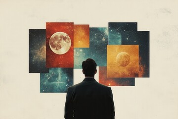 Wall Mural - A man is looking at a painting of two moons