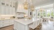 © Ari - Luxury kitchen with a classic white and gold color scheme, chandelier lighting, and large island,