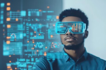 Aufkleber - Entrepreneur with virtual dashboard, glowing data points, modern office, advanced technology concept