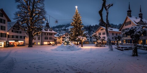 Wall Mural - Snow-Covered Swiss Village Square with Illuminated Trees and a Christmas Tree