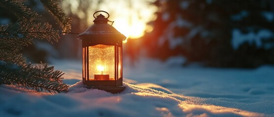 a vintage lantern with a glowing candle sits on snow-covered ground, surrounded by pine trees and ba